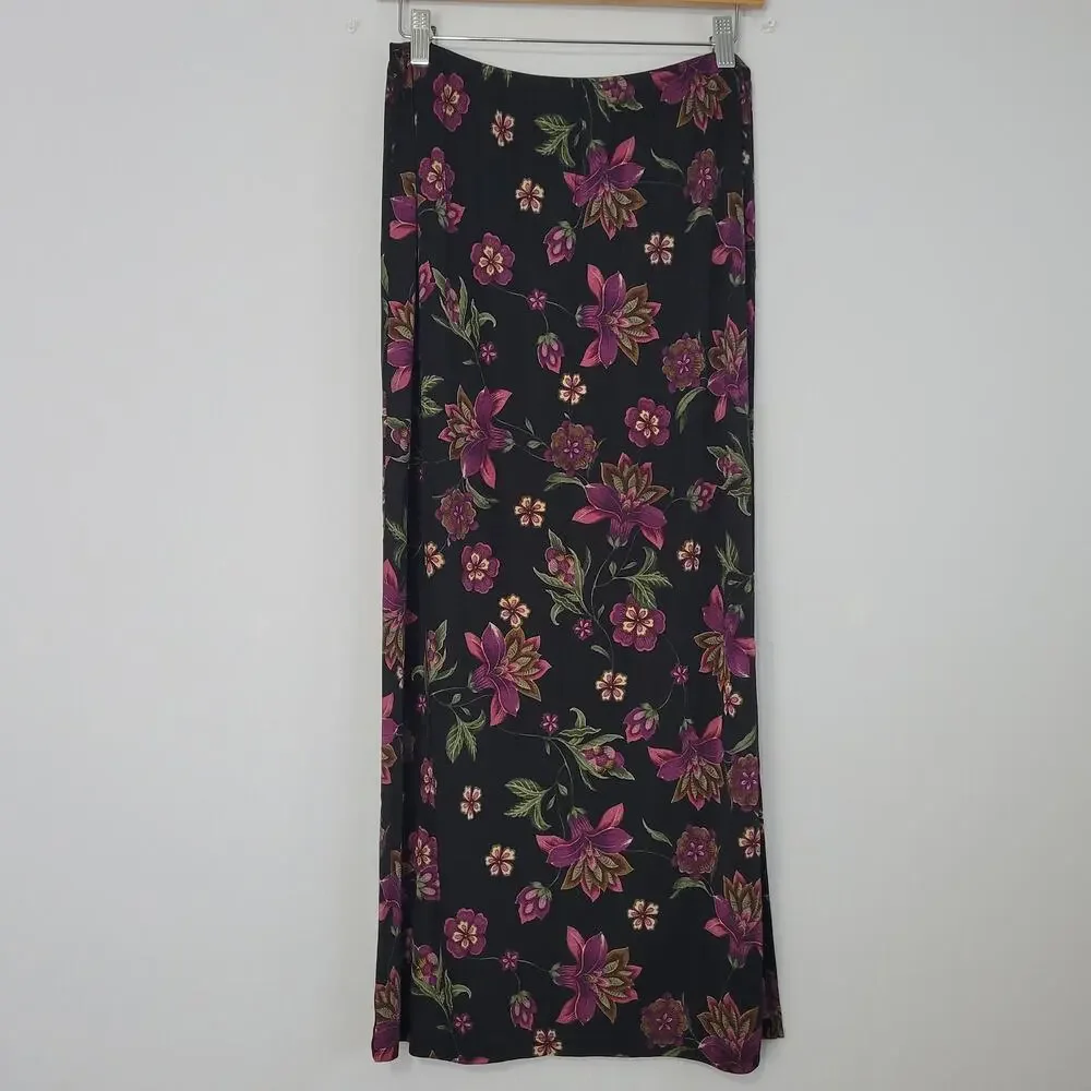 Vintage 90s Floral Pull On Midi Skirt size M Black Purple Fairy Grunge Y2K